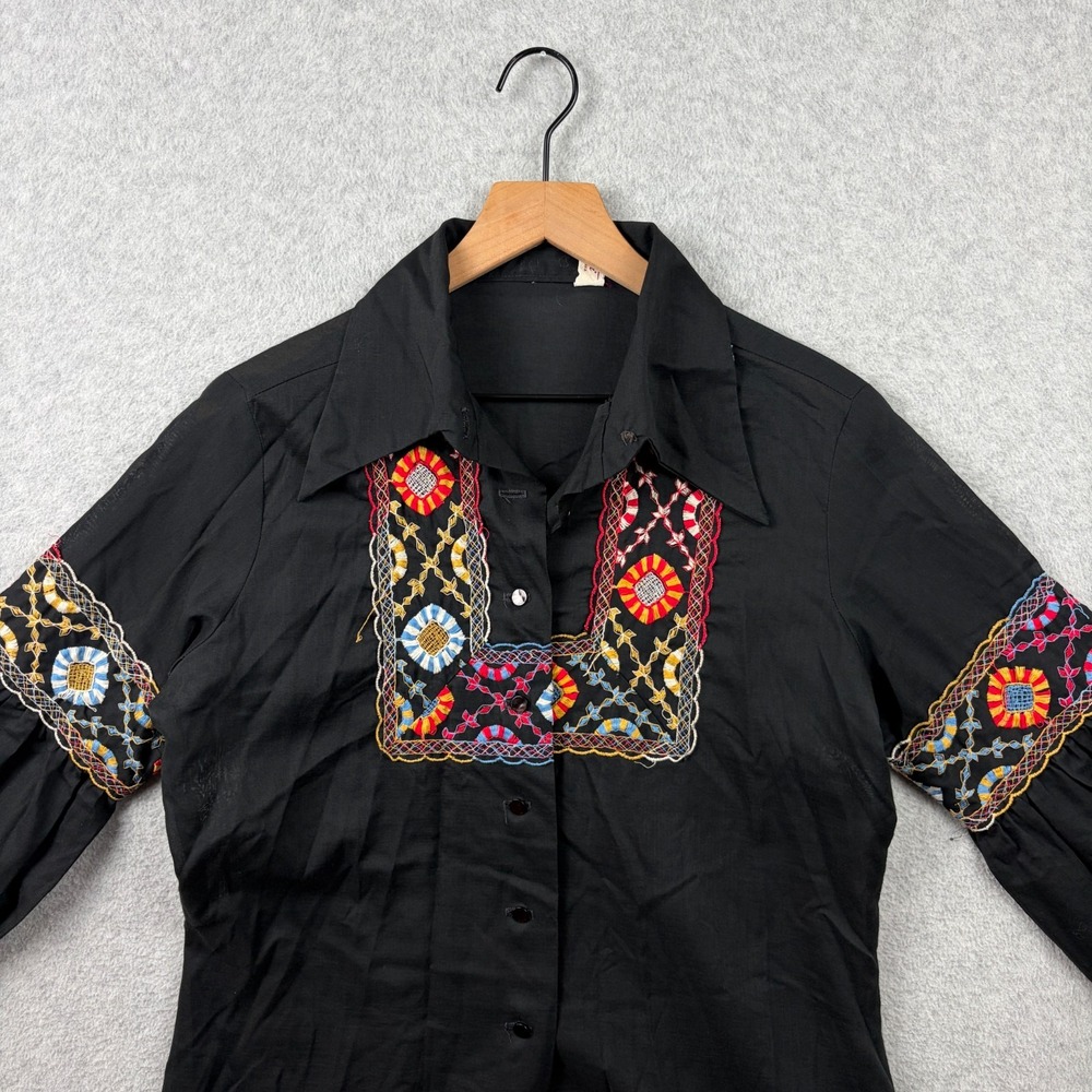 Vintage 70s Fritzi Embroidered Blouse Womens Medium Black Balloon Sleeve Peasant - Picture 2 of 7